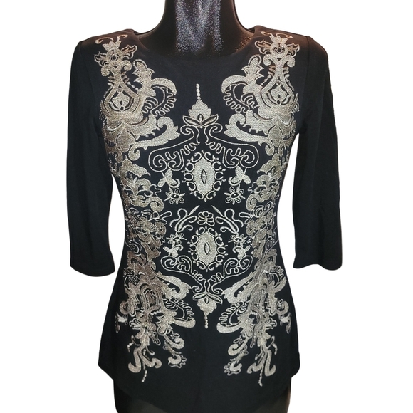 Terra Nostra Black Cropped Sleeve Top With Embroidered Front XS - Picture 1 of 7